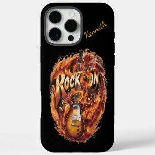 Eine feurige Gitarre, umgeben von musikalischen No iPhone 16 Pro Max Hülle