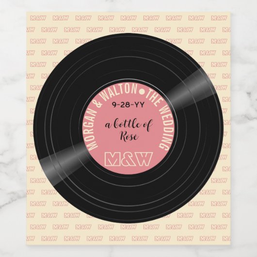 Eine Flasche Rosé Vinyl Record Monogramm Custom Weinetikett (Einzelnes Label)