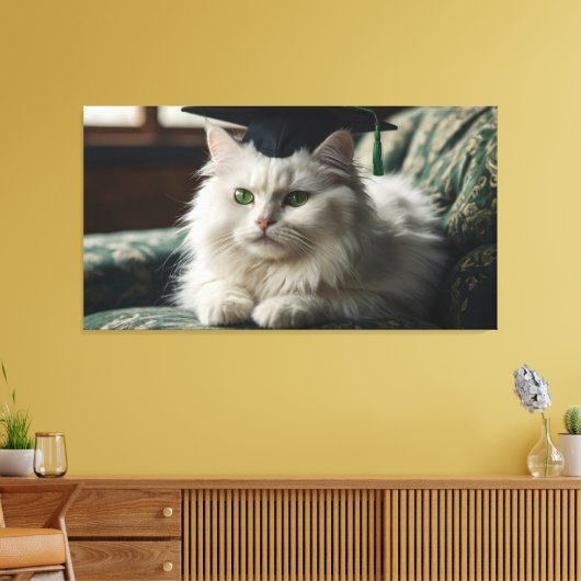 Eine flauschig weiße Katze mit einer Graduierungsk Leinwanddruck (Insitu (Wohnzimmer))