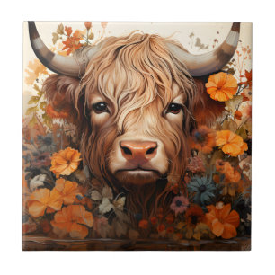 Eine florale Highland-Cow-Serie Design 3 Fliese
