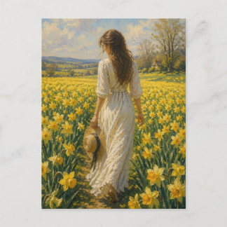 Eine Frau auf einem Feld von Narzissen von M. Lapl Postkarte