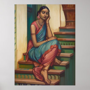 Eine Frau aus Indien, in Gedanken versunken Home Poster