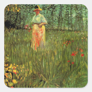 Eine Frau, die in einem Garten von Vincent van Gog Quadratischer Aufkleber