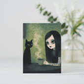 Eine Frau, die Kaffee und ihre schwarze Katze geni Postkarte (Stehend Vorderseite)