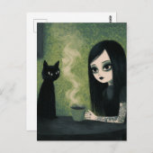 Eine Frau, die Kaffee und ihre schwarze Katze geni Postkarte (Vorne/Hinten)