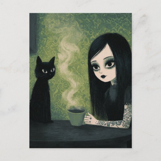 Eine Frau, die Kaffee und ihre schwarze Katze geni Postkarte (Vorderseite)