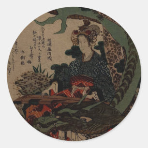 Eine Frau, die mit einem Drachen Koto spielt Runder Aufkleber