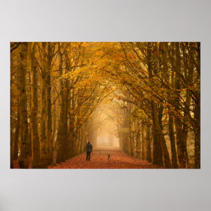 Eine Frau, die mit Hund an einem Herbstmorgen Plak Poster