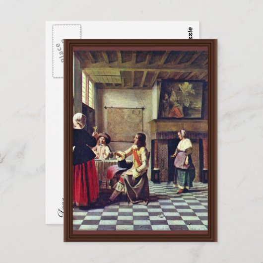 Eine Frau, die mit zwei Männern von Hooch Pieter D Postkarte (Vorne/Hinten)