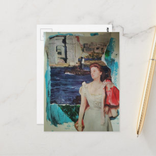 Eine Frau entlang des Flusses Mixed Media Collage Postkarte