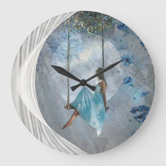 Eine Frau in blauem Kleid auf einer Schaukel Große Wanduhr (Vorderseite)