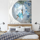 Eine Frau in blauem Kleid auf einer Schaukel Leinwanddruck (Insitu (Schlafzimmer))