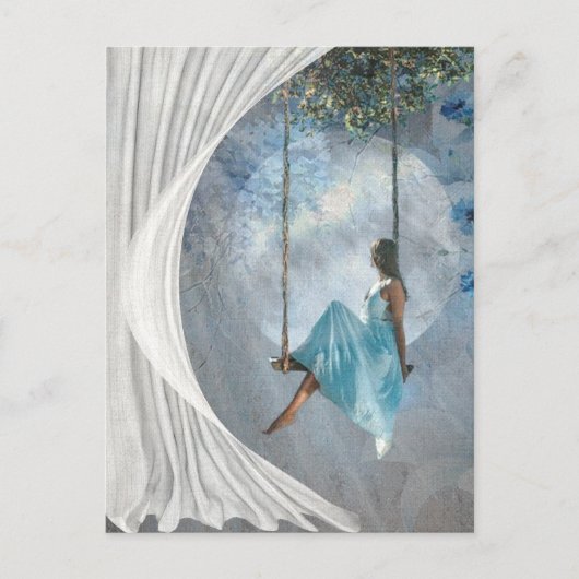 Eine Frau in blauem Kleid auf einer Schaukel Postkarte (Vorderseite)