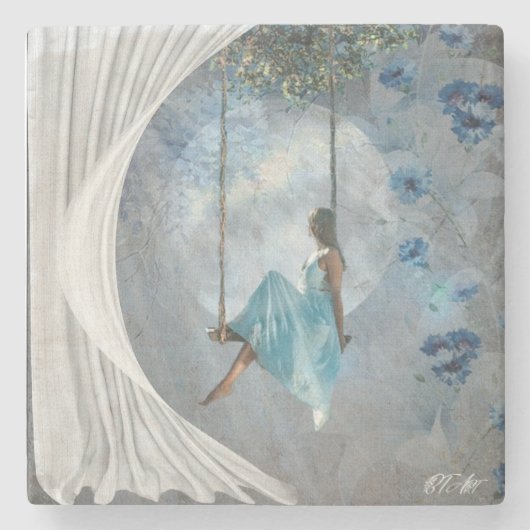 Eine Frau in blauem Kleid auf einer Schaukel Steinuntersetzer (Vorderseite)