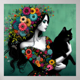 Eine Frau in einem Blumenkleid, die ein Katzen-Pos Poster