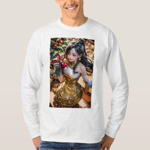 eine Frau in einem Goldkleid, die eine rote Rose v T-Shirt