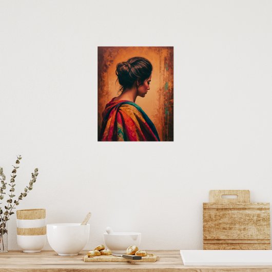 Eine Frau in einem mehrfarbigen Schawlposter Poster (Küche)