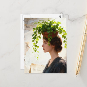Eine Frau mit einer Zimmerpflanze auf dem Kopf Postkarte