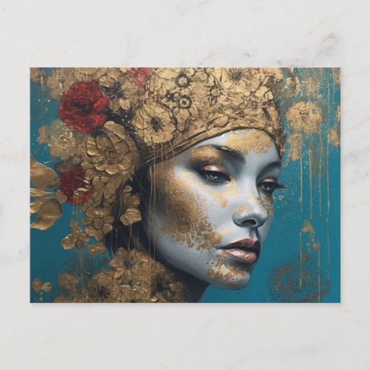 Eine Frau mit Gold und Blume Postkarte (Vorderseite)