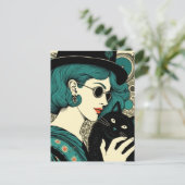 Eine Frau mit ihrer schwarzen Katze  Postkarte (Stehend Vorderseite)