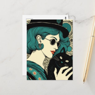 Eine Frau mit ihrer schwarzen Katze Postkarte