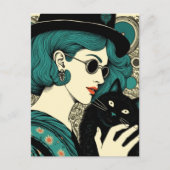Eine Frau mit ihrer schwarzen Katze  Postkarte (Vorderseite)