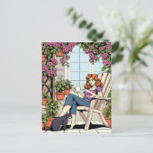 Eine Frau mit Kaffee, Katze und Pflanze Postkarte (Stehend Vorderseite)