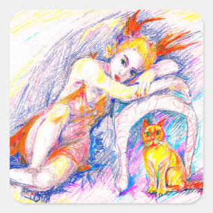 Eine Frau mit Katze Quadratischer Aufkleber