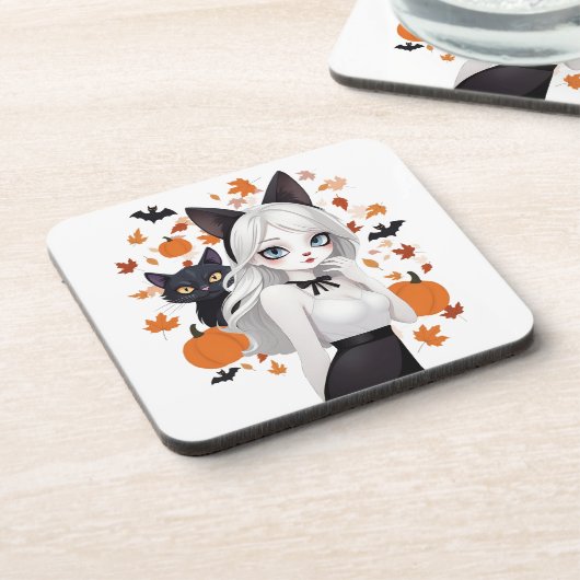 Eine Frau mit schwarzer Katze. Getränkeuntersetzer (Linke Seite)