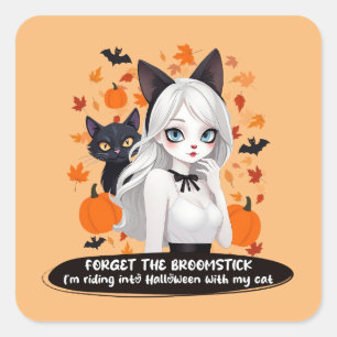 Eine Frau mit schwarzer Katze. Quadratischer Aufkleber