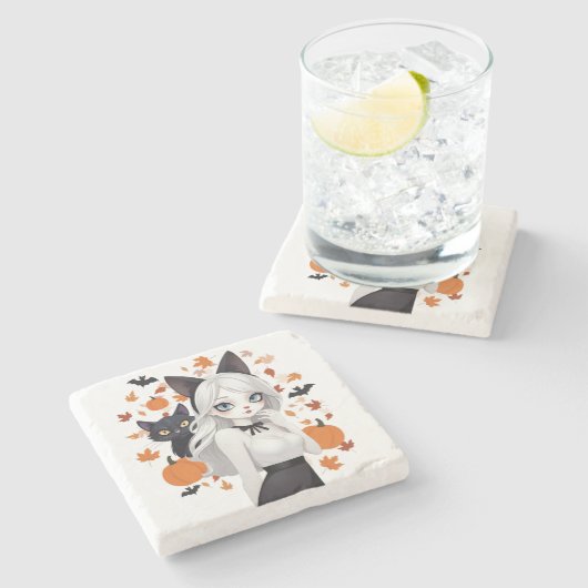 Eine Frau mit schwarzer Katze. Steinuntersetzer (Seitenansicht)