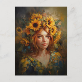 Eine Frau mit Sonnenblumen im Haar Postkarte