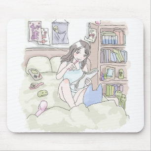Eine Frau sitzt um fünf Uhr nachmittags auf dem Be Mousepad