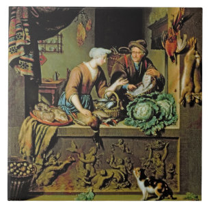 Eine Frau und ein Fisch-Hausierer, 1713 (Öl auf Fliese