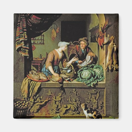 Eine Frau und ein Fischer-Pedler, 1713 (Öl auf Taf Magnet (Vorne)