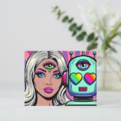 Eine Frau und ein Roboter mit einem dritten Auge Postkarte (Stehend Vorderseite)