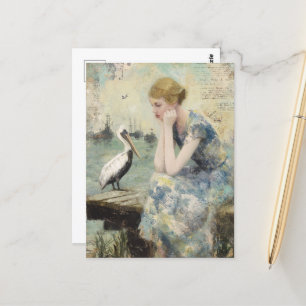 Eine Frau und eine Pelikan-Mischmedien-Collage Postkarte