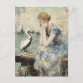 Eine Frau und eine Pelikan-Mischmedien-Collage Postkarte (Vorderseite)