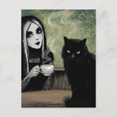 Eine Frau und ihr Cat-Morgenkaffee Postkarte (Vorderseite)