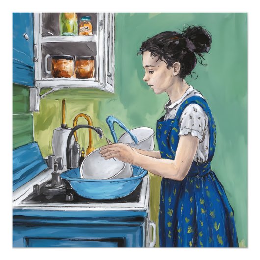 Eine Frau wäscht Geschirr in einer blauen Küche. Fotodruck (Vorne)