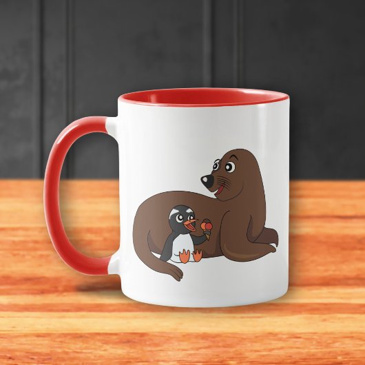 Eine freundliche Robbe und ein Pinguin-Cartoon Tasse