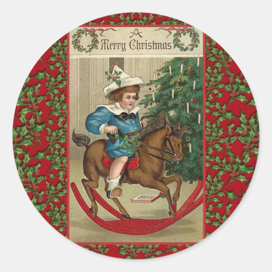Eine frohe Weihnachts-Rockpferde Vintage Kunst Runder Aufkleber (Vorderseite)