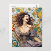 Eine fröhliche Frau mit Pizza aus Pepperoni Postkarte (Vorne/Hinten)