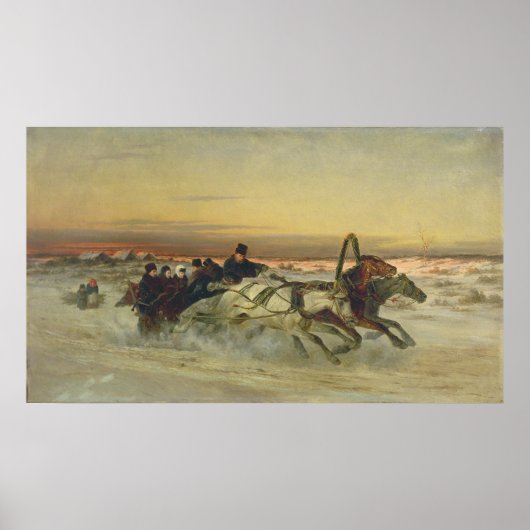 Eine galoppierende Wintertroika in der Morgendämme Poster (Vorne)