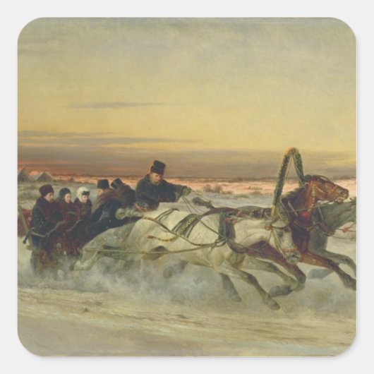 Eine galoppierende Wintertroika in der Morgendämme Quadratischer Aufkleber (Vorderseite)