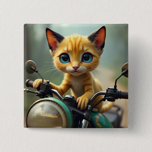 Eine gelbe Katze mit schwarzen Ohren und großen bl Button (Vorderseite)