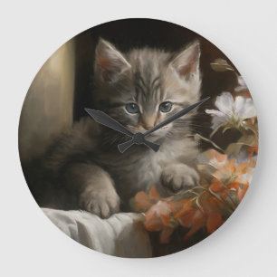 Eine gemütliche Ecke Tabby Kitten Große Wanduhr