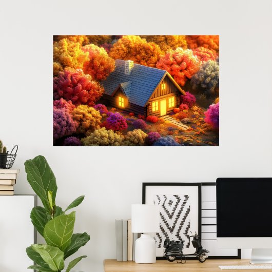 Eine gemütliche Hütte im Herzen eines Waldes Poster (Heimbüro)