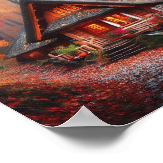 Eine gemütliche Hütte mit schönen Herbstblättern Poster (Ecke)