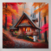 Eine gemütliche Hütte mit schönen Herbstblättern Poster (Vorne)